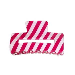 Elegante molletta per capelli in PVC a righe diagonali rosa e bianche per l'estate.