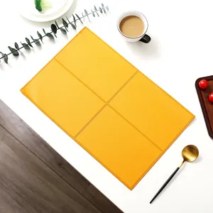 Nordic style leather placemat detail view, minimalist grid design, heat insulation table decor.