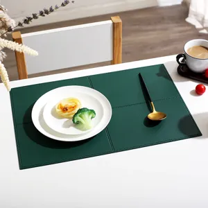 Dark green leather placemat rectangular Nordic grid table mat heat resistant dining pad detail