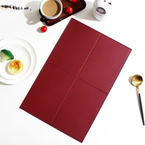 Nordic grid leather placemat, wine red waterproof heat-insulation dining table mat detail.