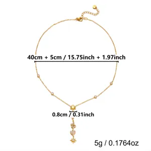Y-shaped stainless steel necklace with star and heart charms, detail measurements shown