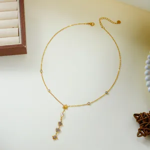 Elegant Y-shaped stainless steel necklace with sparkling zircon star and heart charms.