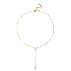 Minimalist gold stainless steel Y-shaped necklace with flower charm and pear zircon pendant