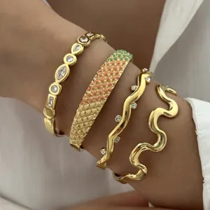 Edelstahl Armreif Für Damen Vergoldet Wellenförmig Geometrisch Armband Tropföl Quadratgitter Böser Blick Floral Strass Schmuck Zubehör