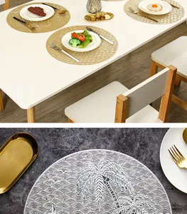 Detailed view of hollow PVC placemat with elegant wave and palm design, perfect for home decor.