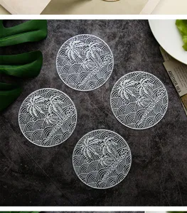 Hollow PVC heat insulation mat round Nordic style table coaster set with wave and palm design