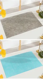 Close-up detail of durable PVC woven placemats in brown and blue, heat-resistant and waterproof.