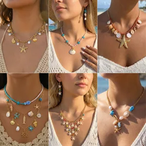Set di Collana e Orecchini con Perline e Conchiglie Bohémien Gioielli per Vacanze al Mare Lega Perla Artificiale Ciondolo Choker Donna