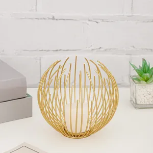 Modern gold metal wire candle holder geometric spherical pillar candle stand for home decor