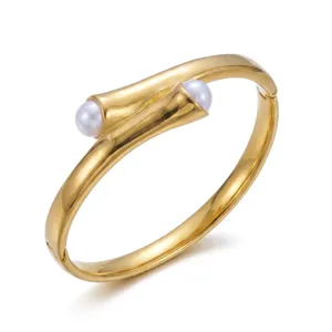 Vintage onregelmatige geometrische gouden roestvrijstalen armband met dubbele parels