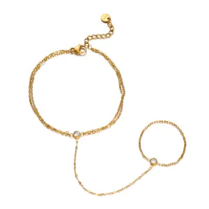 Élégant bracelet chaîne de main en acier inoxydable doré orné de zircons étincelants