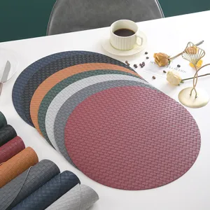 Round leather placemat, waterproof oil-proof dining table mat with woven design for home use.