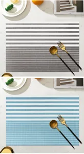 Detailed view of modern PVC striped placemats with luxury tableware setup for dining decor.