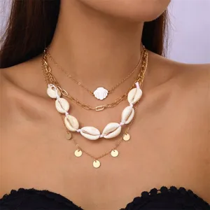 Bohemian multi-layer necklace set with white cowrie shells and gold coin pendants