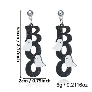 Halloween themed BOO ghost drop earrings for women with detailed size and weight