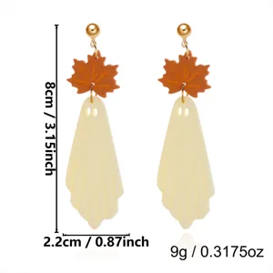 Detailed size guide for Halloween ghost and maple leaf drop earrings in orange and cream