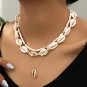 Bohemian style multi-layered cowrie shell and white seed bead necklace set for women