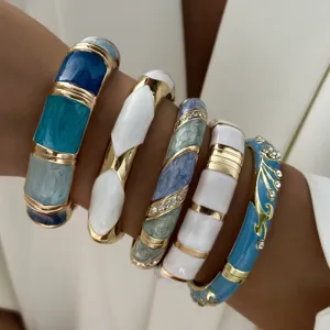 Vintage Legierung Emaille Armreif Für Damen Luxus Geometrisch Blau Weiß Emaille Strass Offenes Manschettenarmband Retro Hand Schmuck