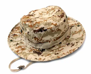 Outdoor tactical camouflage boonie hat with breathable eyelets and adjustable chin cord details.