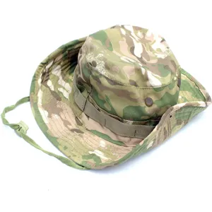 Outdoor tactical camouflage boonie hat with breathable side eyelets and adjustable chin strap.