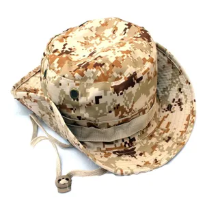 Close-up detail of desert digital camo boonie hat with eyelets and adjustable chin strap