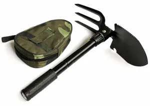 Pala da campeggio pieghevole multifunzionale con custodia mimetica, robusto strumento outdoor.
