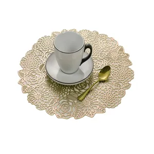 Round rose hollow PVC placemat, washable heat-resistant table mat for dining room decor.