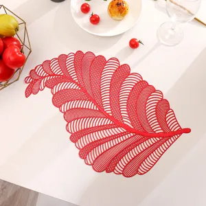 Red hollow feather shaped PVC placemat Nordic style heat isolation table mat decor