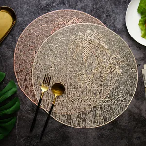 Nordic Style Hollow Bronzing PVC Placemat Coaster Tropical Coconut Tree Pattern Washable Heat Insulation Dining Mat
