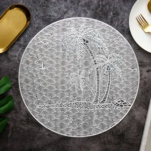 Round hollow PVC placemat, white table mat with tropical palm and wave design, main view.