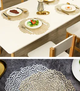 Detailed view of hollow round table placemats, heat-resistant PVC dining table mats set.