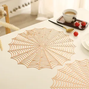 Halloween gold spiderweb placemat PVC bronzing round table mat heat resistant dining decor.