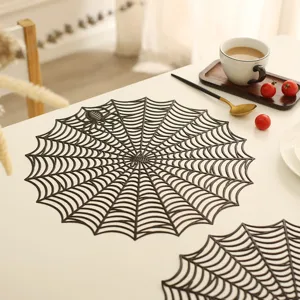 Halloween spider web placemat black PVC round table mat heat resistant scary holiday decor