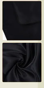 Detailopname van de gladde zwarte satijnen stof met fijne stiksels en glanzende textuur.