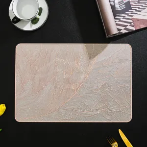 Rectangular feather pattern PVC placemat, golden bronzing heat insulation dining table mat decor.