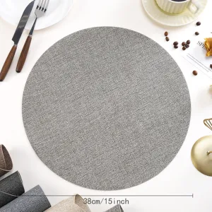 Set de table rond en cuir PU, texture tissée grise, nappe de table 38cm résistant.
