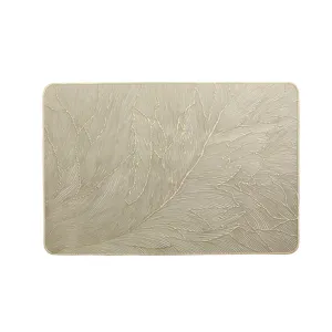 Rectangular PVC placemat with elegant gold foil feather texture, heat resistant and waterproof.