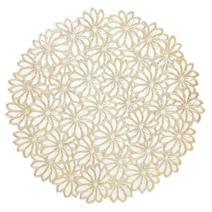 Runde goldene florale Platzdecke, elegante PVC Tischmatte fur Esszimmerdekoration.