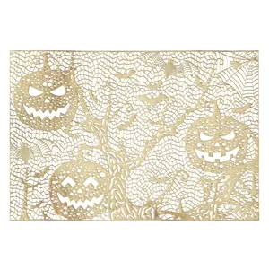 Halloween Hollow PVC Placemat Gold Pumpkin Bat Table Mat Heat Resistant Dining Decor