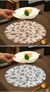 Round PVC butterfly lace placemat, heat-resistant waterproof table mat for dining room decor.