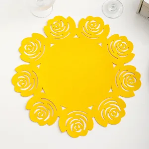 Yellow felt rose placemat round hollow table mat for dining room kitchen home decor