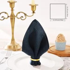 Dark blue linen table napkin detail with gold napkin ring, elegant table setting decor 48cm