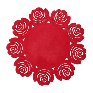 Nordic style red rose felt placemat, hollow heat insulation table mat for dining table.