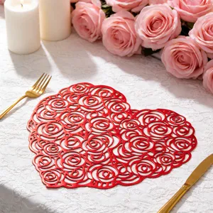 Red heart-shaped placemat PVC hollow rose pattern table mat romantic wedding home decor