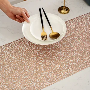 Gold hollow table runner, PVC floral placemat for dining table, anti-slip heat insulation mat.