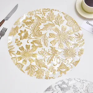 Round gold floral PVC placemat waterproof heat insulated dining table mat detail shot