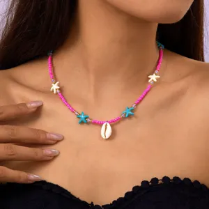 Bohemian colorful seed bead necklace featuring white shell and starfish charms for women