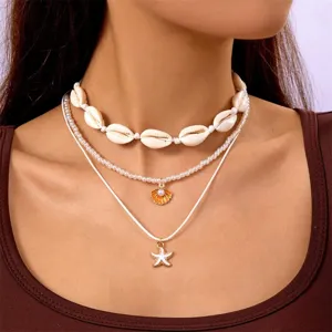 Bohemian multi-layer necklace set with natural shell beads and starfish pendant for women