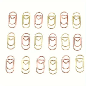 Cute heart-shaped paper clips set, metallic gold and rose gold bookmarks for office and school.
