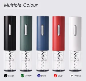 Electric wine opener detail view showing black green blue red and white color variants clearly.